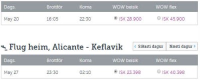 Um 30 þúsund krónum ódýrara fargjald til og frá Alicante í maí en apríl