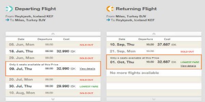Bókunarvél Primera Air fyrir skömmu þar sem aðeins fjögur sæti voru eftir á lægsta verði á öllum þeirra brottförum allt sumarið. Skjáskot