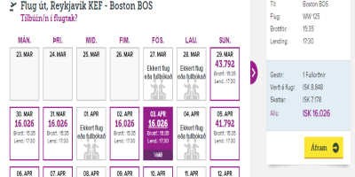 Bókunarvél Wow Air. Þar sést ekki sérstakt bókunargjald lengur og verðið á fluginu því ekki 16.026 krónur. Skjáskot