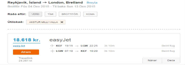 Lægsta verð sem Dohop finnur milli Keflavíkur og London og til baka...