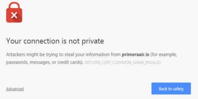 Þeir sem vanir eru að bóka flug og ferðir á íslenskum bókunarvef Primera Air fá nú viðvörun áður en farið er þangað inn. Skjáskot
