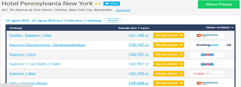 Sjö aðilar að bjóða lægra verð per sams konar herbergi og Booking.com. Lægsta verð 54.572 krónum lægra en besta boð Booking
