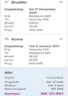 Til og frá Kanaríeyja með Wow Air og töskudrusla með kostar að lágmarki 140 þúsund krónur í vetur. Það er algjörlega galið verið hjá „lággjaldaflugfélagi“