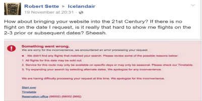 Ekkert laust flug á tilteknum degi en í stað þess að bjóða aðra ferðamöguleika kemur Icelandair með afsökun og biður viðkomandi að leita aftur og aftur og aftur og aftur.